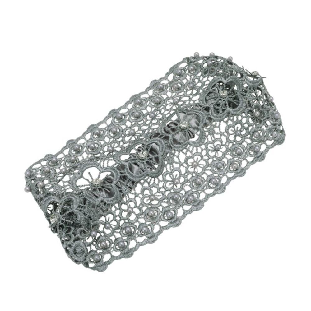 Fashion Bead Hollow Wide Headwrap Gray